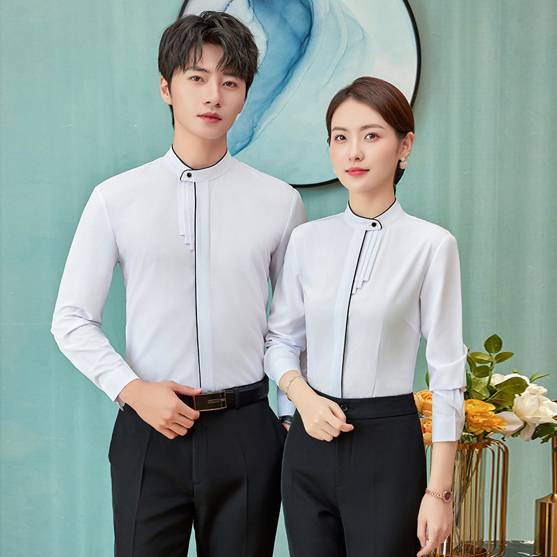 七谷娘白色立领衬衫男女同款职业套装气质中国风酒店工作服衬衣