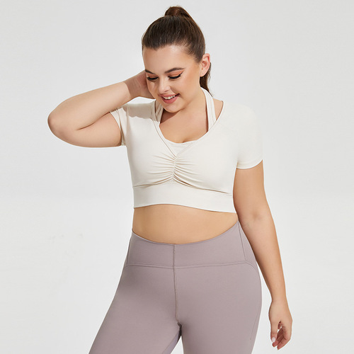 US size plus size padded crossbody yoga tops for women, running sports bras with short sleeves, fitness tops T-shirt