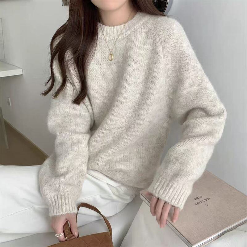 慵懒风燕麦色毛衣女2025秋冬洋气毛绒保暖高级感针织宽松套头上衣|undefined