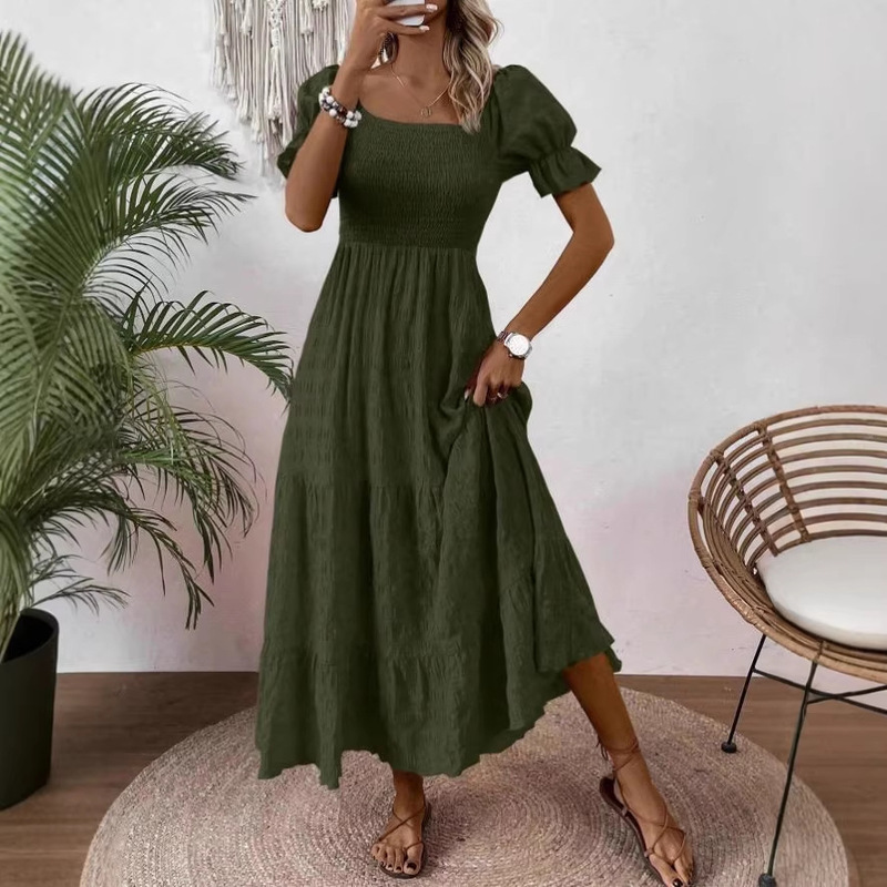 European and American Amazon 2026 Summer New Cross-Border Foreign Trade Women's Clothing Square-Neck Long Dress with Waist-Cinching Elegant Short-Sleeve Dress