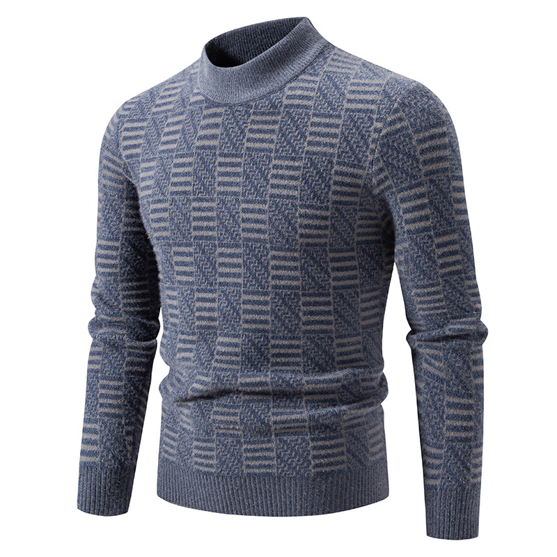 Herrenbekleidung: Lässiger Herrenpullover mit halbhohem Rollkragen, lockerer Passform, Jacquard-Strick, Langarmpullover für den Winter (Dunkelgrau, Marineblau, Khaki)_voghion.com