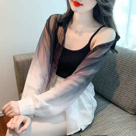 韩版宽松防晒衣女2024夏季新款渐变衬衫防紫外线开衫薄外套女上衣