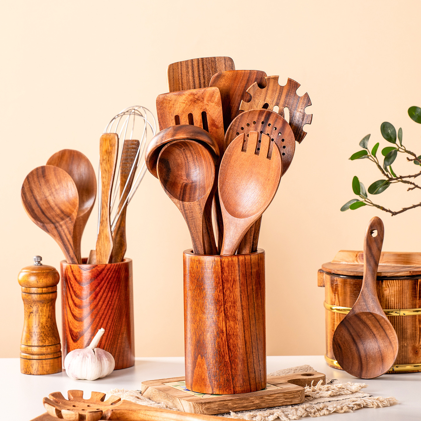 Juego de teca de Amazon, sartén antiadherente de madera de acacia, espátula especial para cocinar en casa, tenedor para ensaladas, cuchara para sopa con fugas