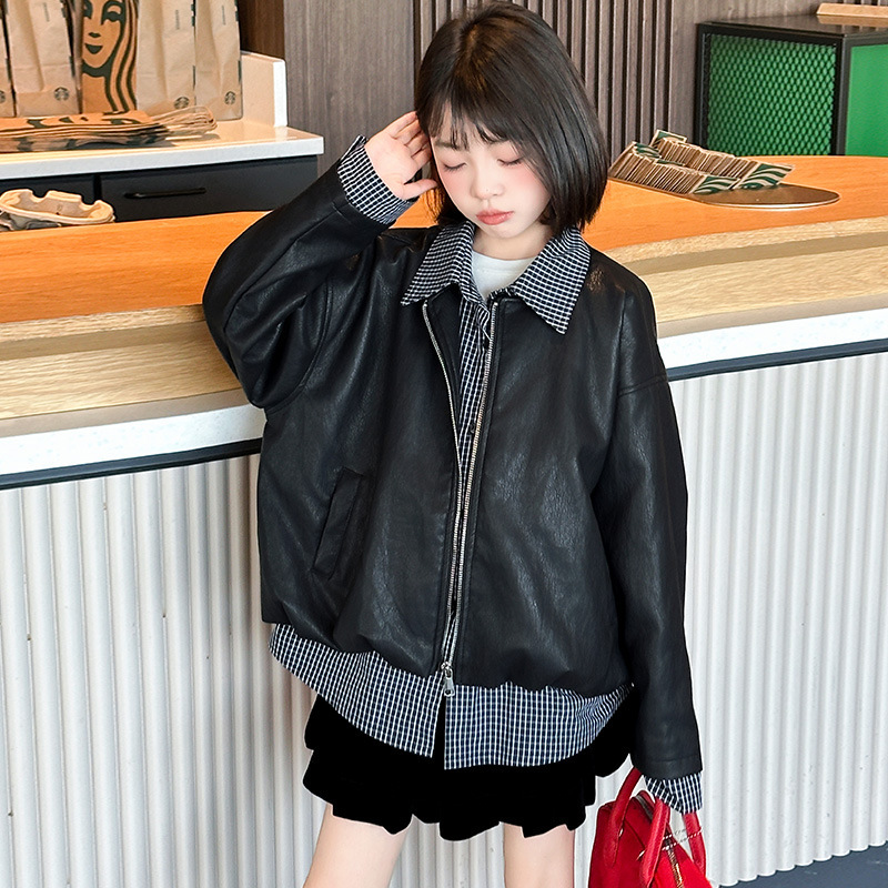 女童外套春秋款2025新款洋气儿童秋装时髦格子拼接皮衣假两件夹克|undefined