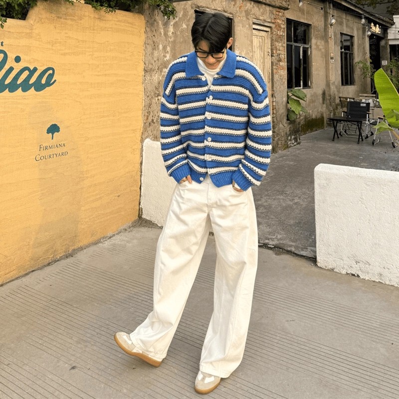 Blue and White Stripesd Lapel Knitted Cardigan Men's Autum Loose Lazy Style Cityboy Sweater Jacket Outer Top