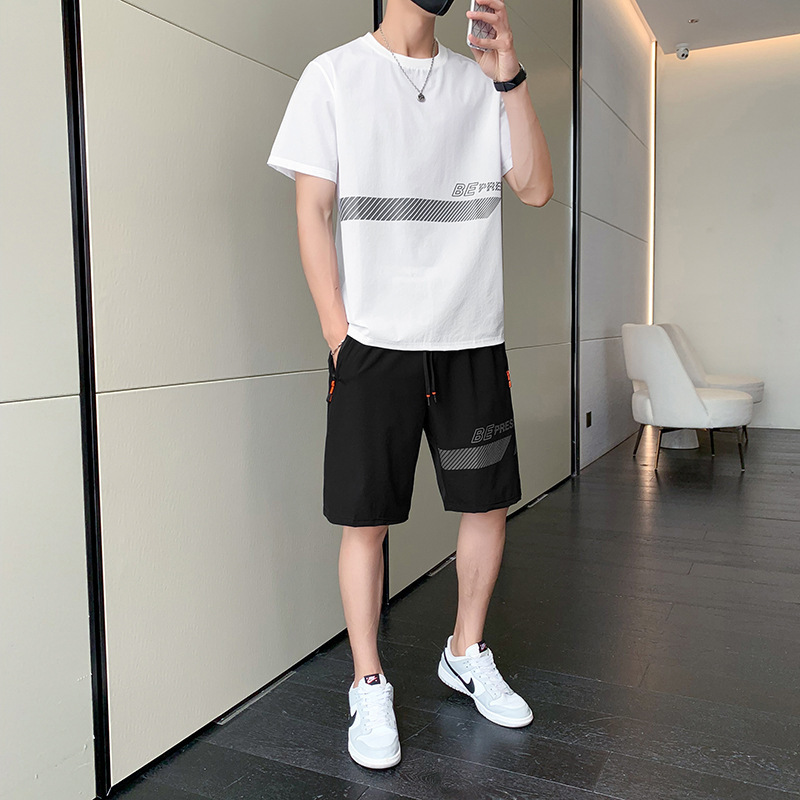 Hielo rápido secado camiseta de hombre cuello redondo verano delgado suelto mangas cortas deportivo casual de dos piezas pantalones cortos