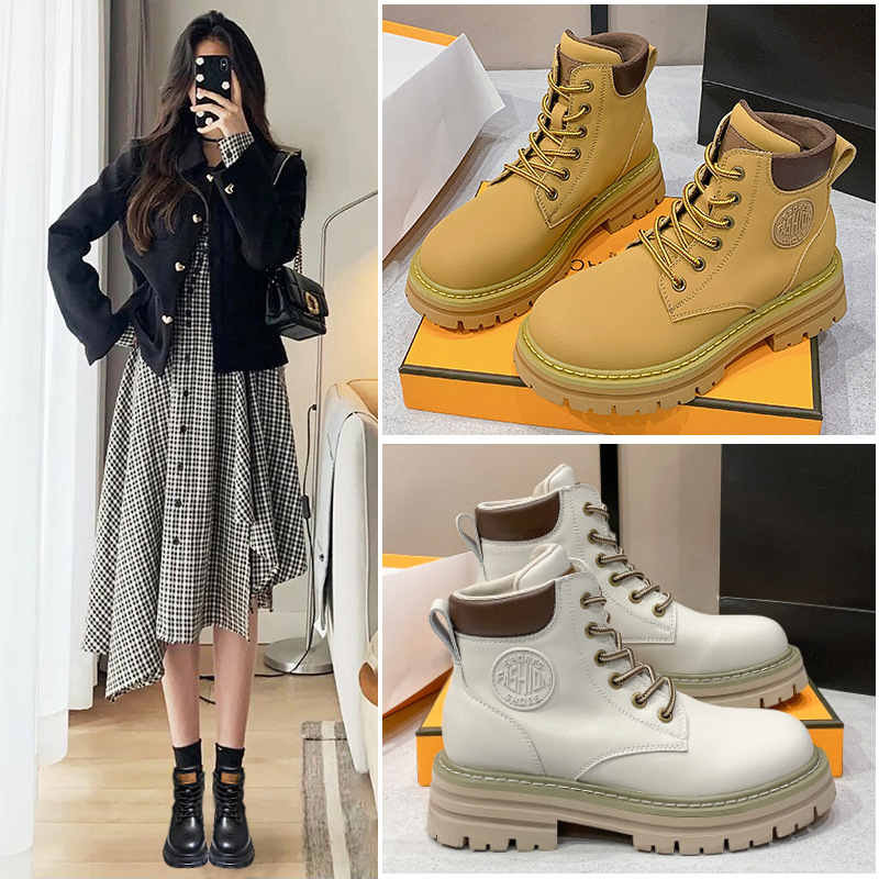 Genuine Leather Height-Increasing Martin Boots for Women, 2025 Autumn and Winter New Style, Yellow Boots for Women, Outdoor Thick-Soled Versatile Short Boots Genuine Leather Height-Increasing Martin Boots for Women, 2025 Autumn and Winter New Style, Yellow Boots for Women, Outdoor Thick-Soled Versatile Short Boots