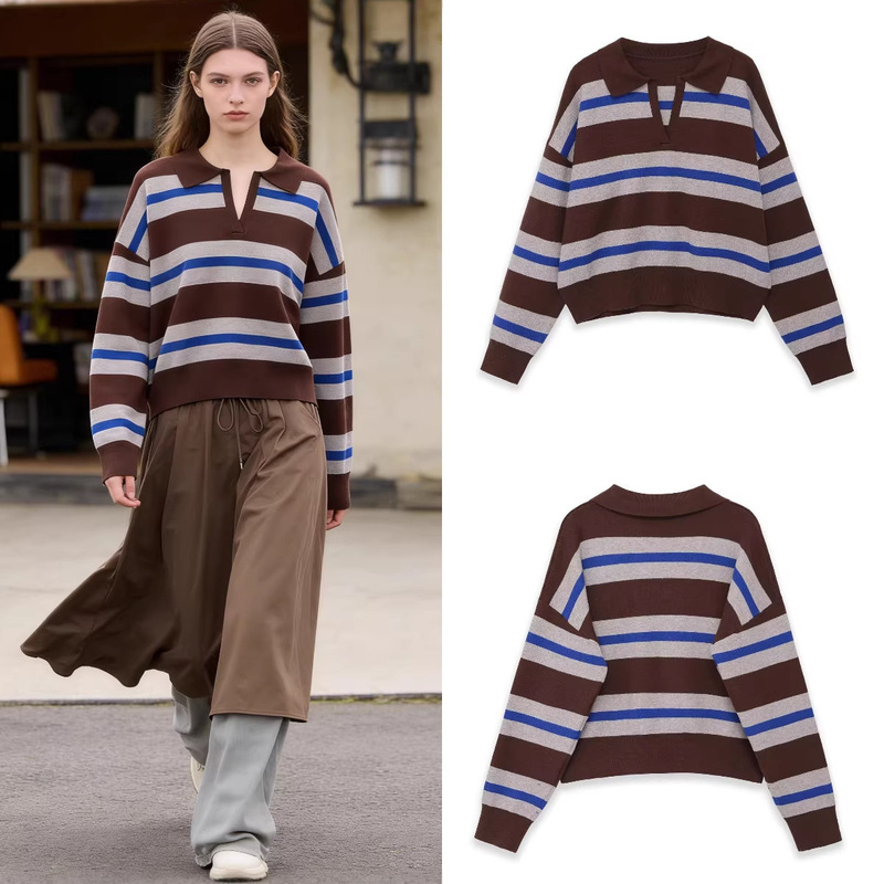 Z Brand Foreign Trade Cross-Border European and American Style Women's Clothing 2026 Spring New Casual Long-Sleeve Striped Knit Polo Shirt Z Brand Foreign Trade Cross-Border European and American Style Women's Clothing 2026 Spring New Casual Long-Sleeve Striped Knit Polo Shirt