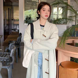 纯色学院风长袖牛角扣日系百搭工装休闲外套春秋新款中长款风衣女