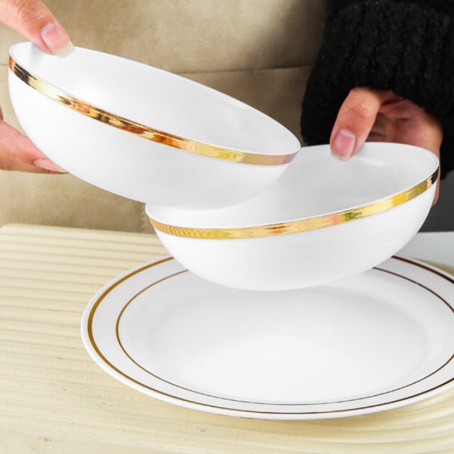 6/14/24oz Disposable Plastic Gold-Rimmed Large Bowl Salad Bowl White Soup Bowl Sauce Bowl Party Tableware Cross-Border
