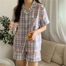 Foreign trade pajamas 2021新睡衣女夏雙短格子開衫套裝外單熱銷