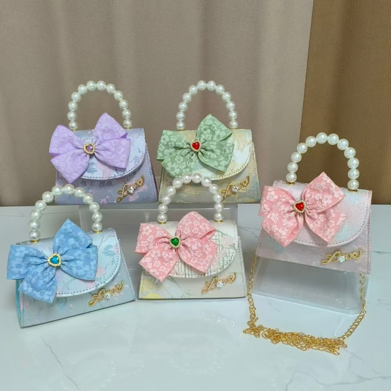 Guofeng bolso para niños, nuevo bolso de hombro de niñas, lindos bolsos de perlas de princesa, bolsos de arco, bolsos de mochila, bolsos pequeños