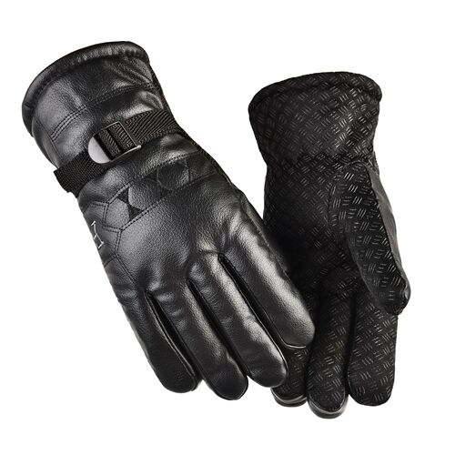 Men's winter motorbike gloves with plush lining, thick insulation, windproof, cold-resistant, anti-slip PU leather outdoor riding large cotton gloves