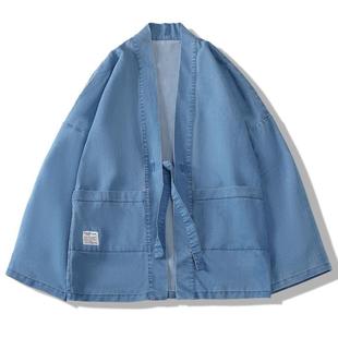 Japanese Style Trendy Brand Loose Retro Wash Denim Craft Cardigan Jacket Chinese Style Tang Suit Hanfu Feather Woven Shirt for Men