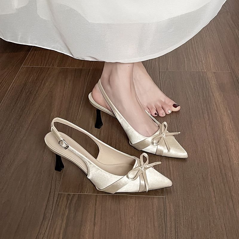 Sheepskin Version, 7cm Leg-Lengthening Effect, Thin High Heels, Satin Bow, Closed Pointed Toe, Backless Single Shoes, Women's Sandals for Spring and Summer