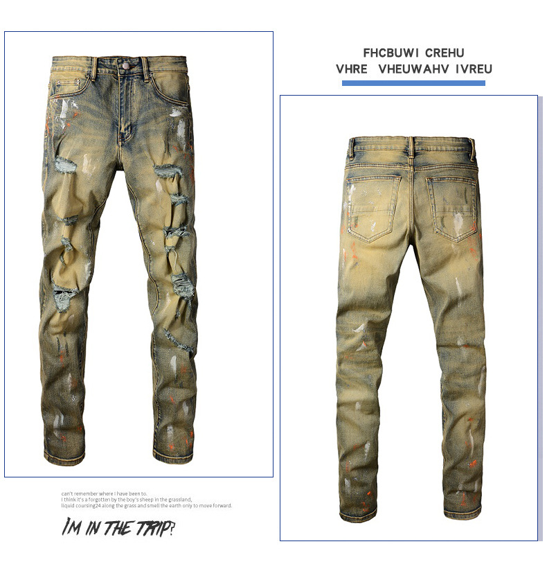 Men's Clothing New Men's High Street Jeans Men's Ink Splash Graffiti Trendy Brand Slim Fit High end Ripped Skinny Jeans_voghion.com