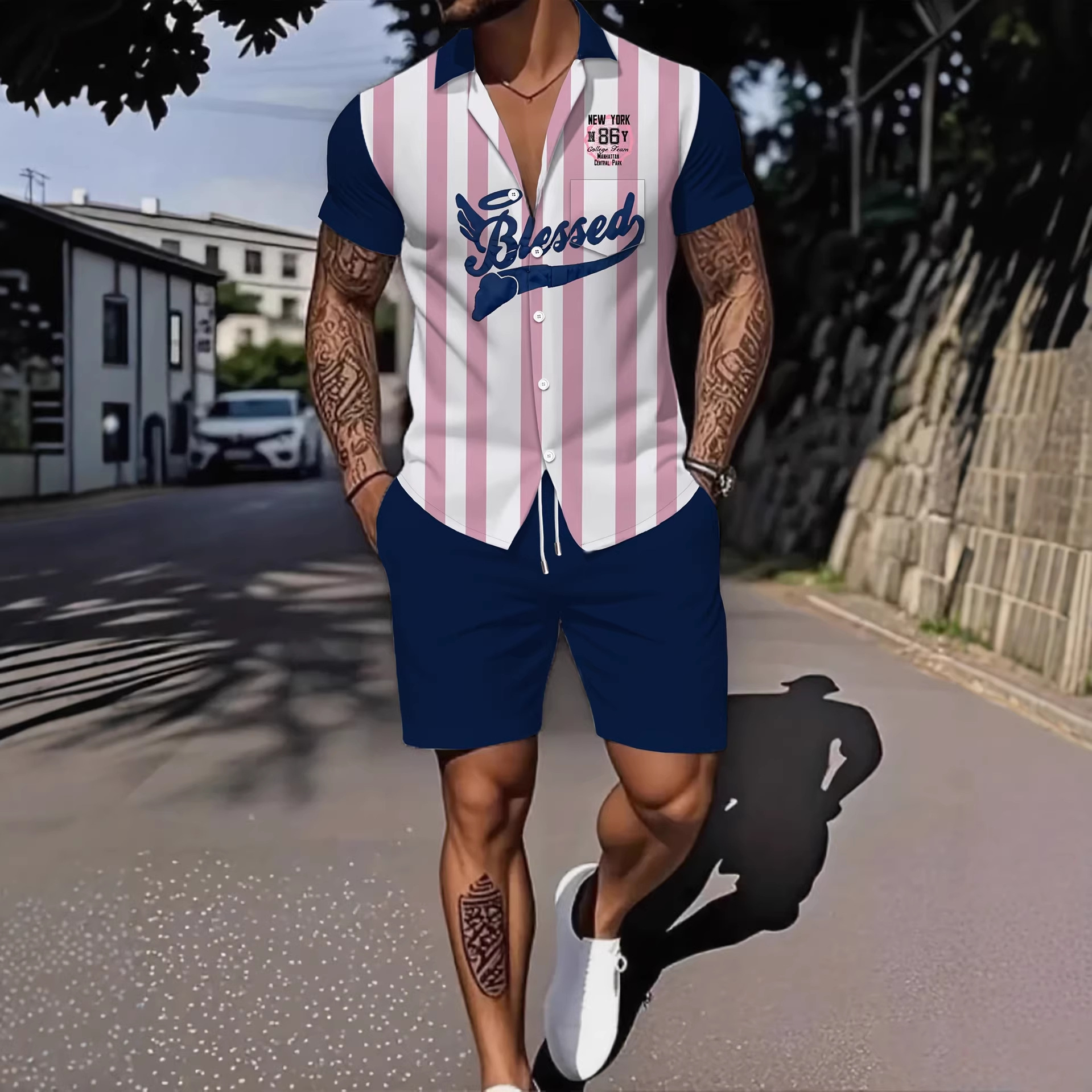 Men's Clothing Men's Breathable Loose Fit Short Sleeve Shirt Set Letter Print Casual Commuter Two Piece Summer Style_voghion.com