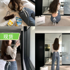 板栗可可9.8/20点'复古航线'蓝色绑带条纹牛仔直筒裤女