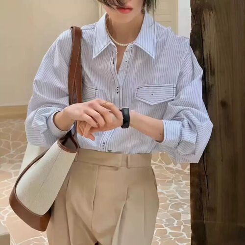 Women's Loose Straight-C Collar Striped Long-Sleeve Shirt with Single Button - Chic Autumn New Style, Versatile and Stylish