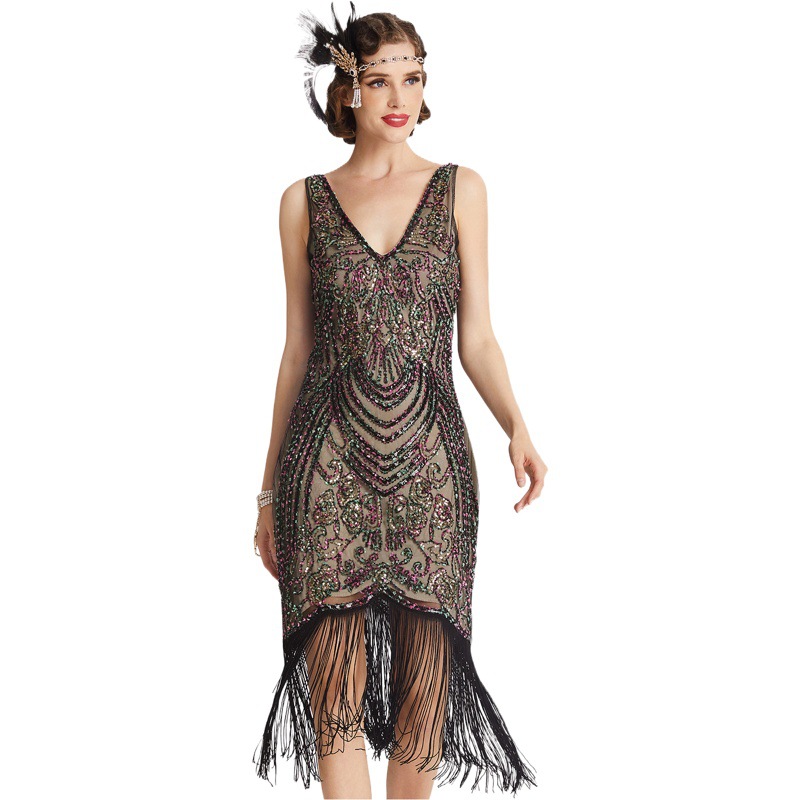 European and American Cross-Border Retro Masquerade V Neck High-End Dress Gatsby Party Sequined Tassel Dress