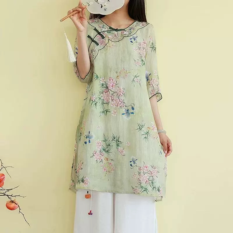 Рубашка из чистого рами с принтом в стиле ретро для женщин, летний льняной чайный костюм средней длины с вышивкой, рубашка в этническом стиле, рубашка в стиле дзен