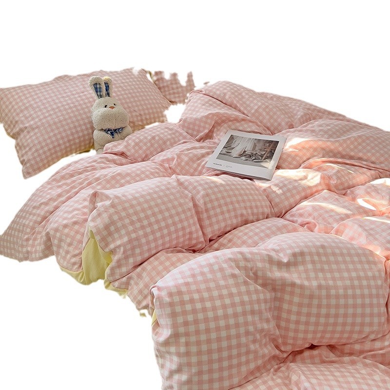 Washed Cotton Bedding Set Minimalist Plaid Design For Students_voghion.com