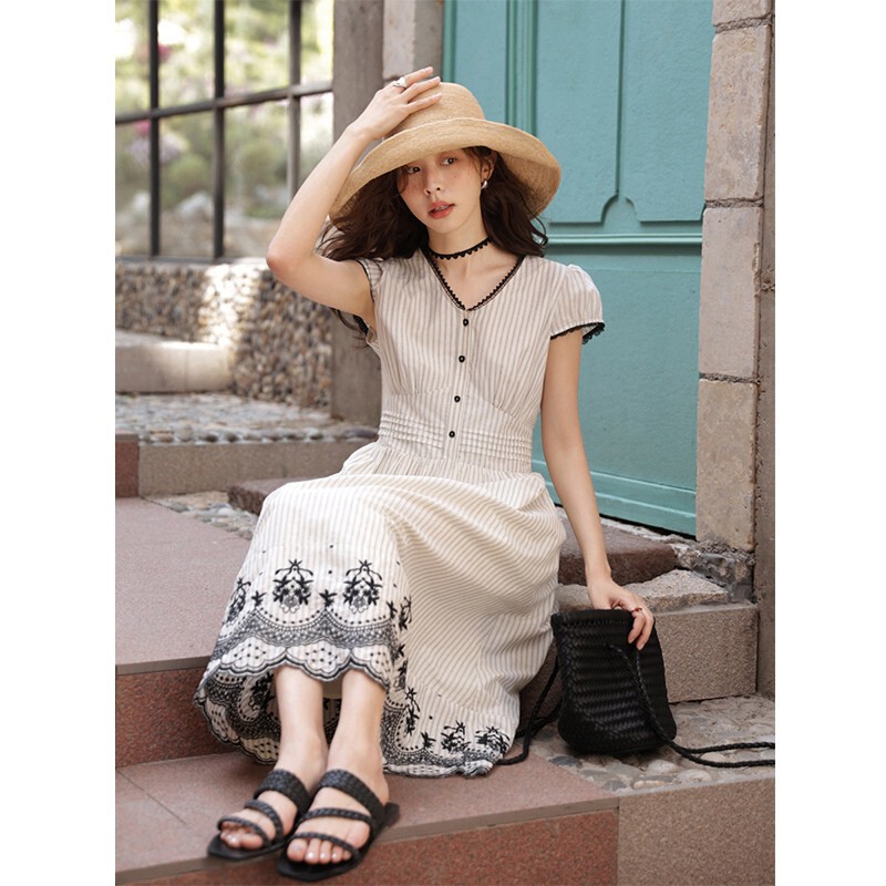 In Jomi "Maixumange" Heavy Embroidery Striped Dress for Women, Summer V-Neck Shirt Dress for Petite Figures