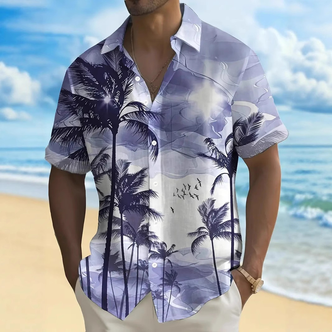 2025 Amazon Hawaii Vacation New Men's Short-Sleeved Shirt Coconut Tree 3D Digital Printing Lapel Shirt