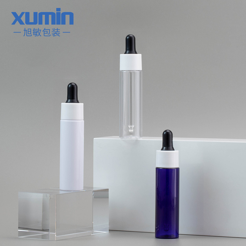 En stock Xumin material de embalaje 30ml botella cuentagotas para mascotas transparente blanco/transparente botella de esencia de plástico azul sub-botella