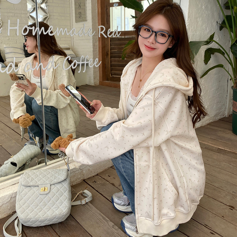 American-style hooded sweater coat women's 2024 autumn and winter new fleece-lined loose early spring floral zipper cardigan top