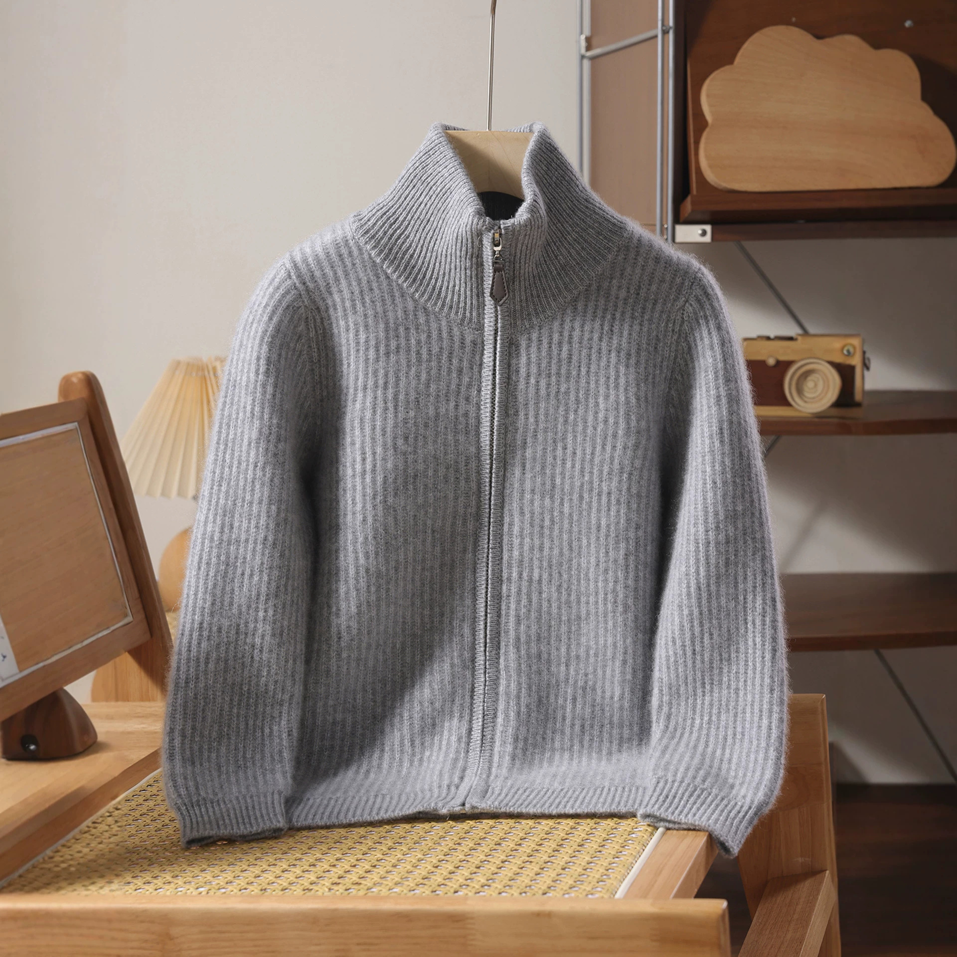 Children's Thick Zipper Cardigan Wool Sweater Boys and Girls Autumn and Winter Stand Collar Sweater Baby Solid Color Knitted Outerwear Top
