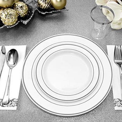 실버 가장자리 접시 + 9 온스 컵 + No. 10 나이프, 포크 및 스푼 + 실버 종이 타월 각 25 1 세트
