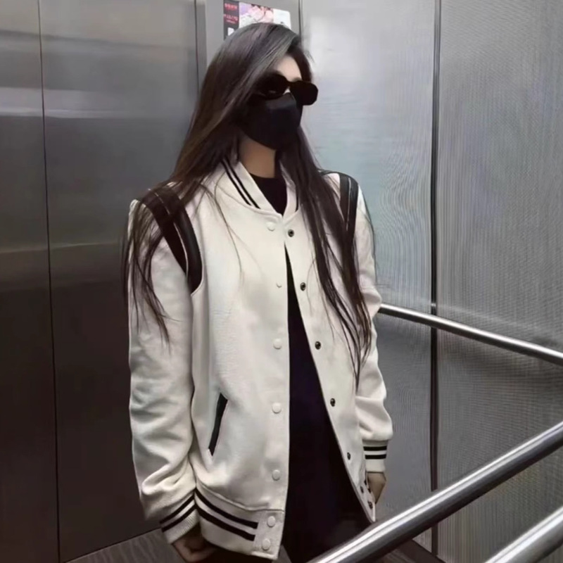 Seoul High-End Korean Style Baseball Jacket White Patchwork Loose Coat Couple Matching Black Jacket Women's Jacket Seoul High-End Korean Style Baseball Jacket White Patchwork Loose Coat Couple Matching Black Jacket Women's Jacket