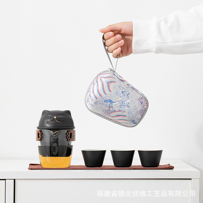 Lucky Cat Ceramic Quick Cup One Pot Three Cups Outdoor Storage Bag Portable Kung Fu Travel Tea Set