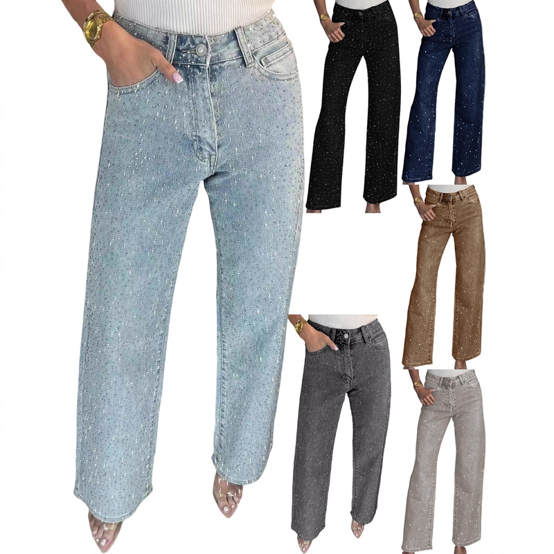Foreign Trade European and American Amazon Women's Fashion Full Rhinestone Washed Denim Jeans, High-Waisted Straight-Leg Pants with a High-End Feel for Women, Trendy Long Pants Foreign Trade European and American Amazon Women's Fashion Full Rhinestone Washed Denim Jeans, High-Waisted Straight-Leg Pants with a High-End Feel for Women, Trendy Long Pants