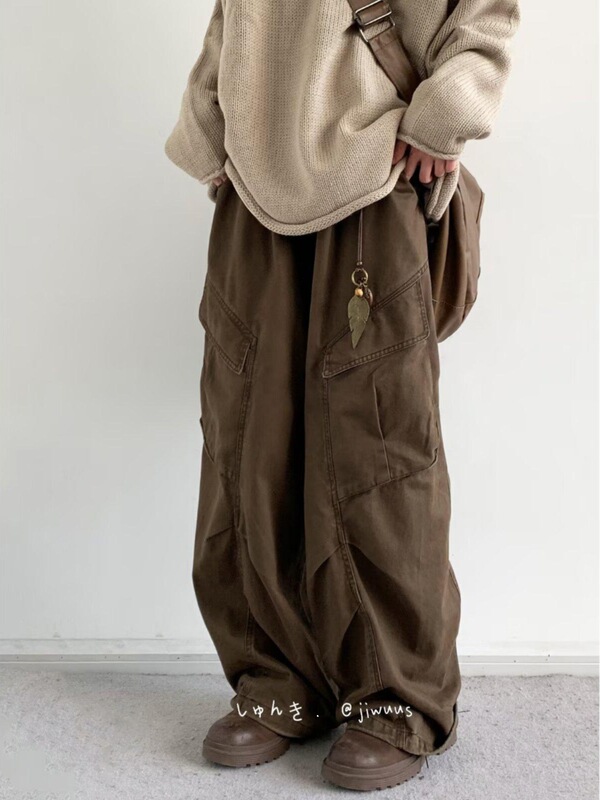 Japanese New Retro Trendy Brand Wide Leg Pants Brown Men's and Women's Big Pocket Casual Pants Straight Pants Loose Overalls