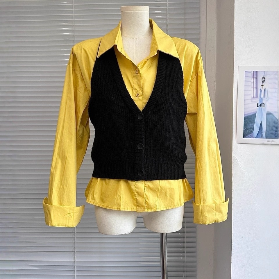 2025秋季新款日韩V领纯色单排扣针织叠穿单排扣衬衫均码纽扣