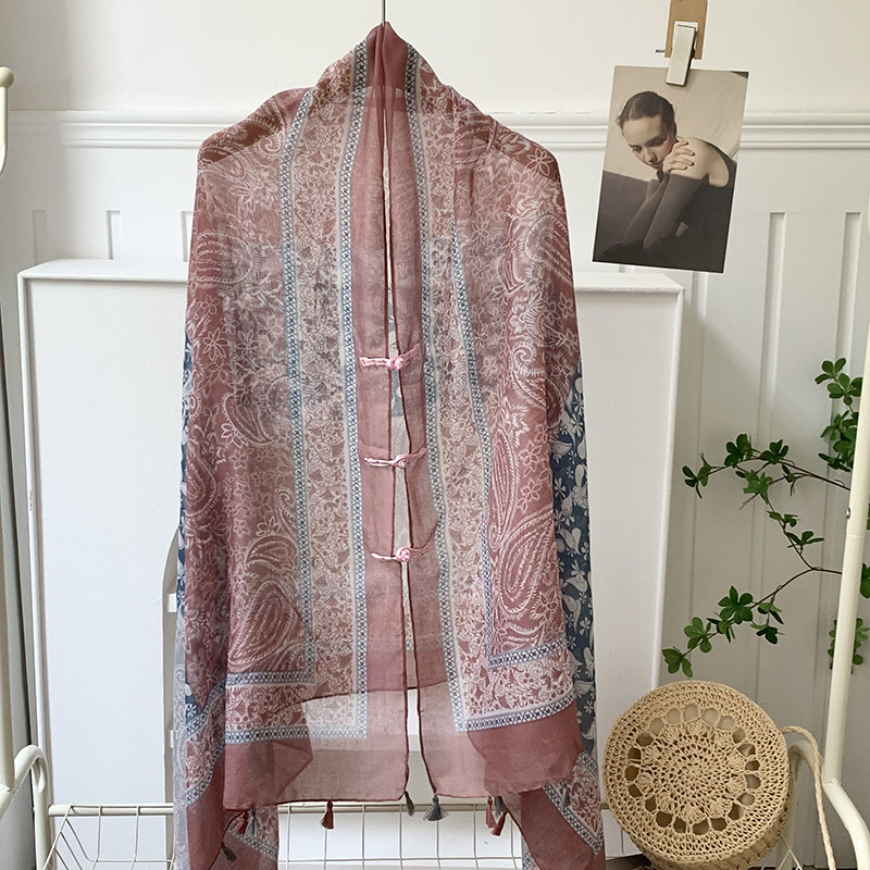 Verano de alta gama ropa exterior de mujer estilo étnico retro protector solar hebilla chal Yunnan Qinghai turismo bufanda de seda