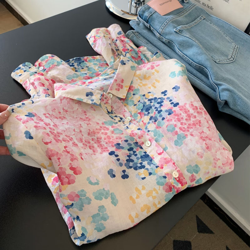 Summer Small High-end Temperament Niche Thin Floral Oil Painting Long-sleeved Cardigan Shirt Breathable Printed Top