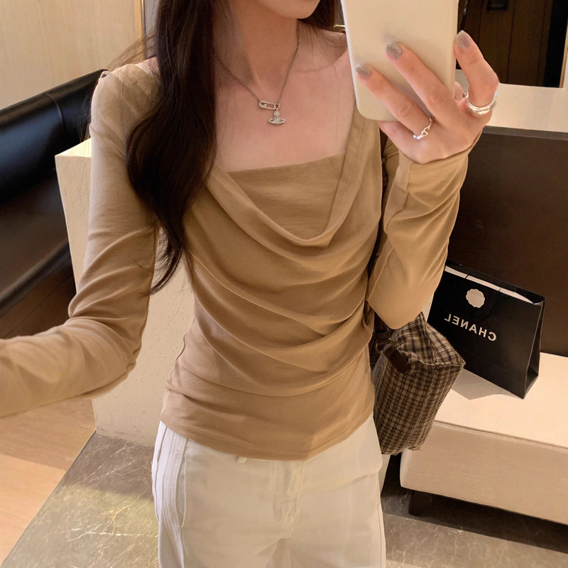 韩系纯欲辣妹风荡领修身长袖T恤女2025秋季新款独特漂亮显瘦上衣|undefined