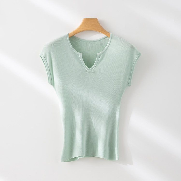 【Hengjia Qh】Tencel Heart-Neck Knit Short-Sleeve Top for Women 2025 Versatile Casual T-Shirt Tencel Knitwear 【Hengjia Qh】Tencel Heart-Neck Knit Short-Sleeve Top for Women 2025 Versatile Casual T-Shirt Tencel Knitwear