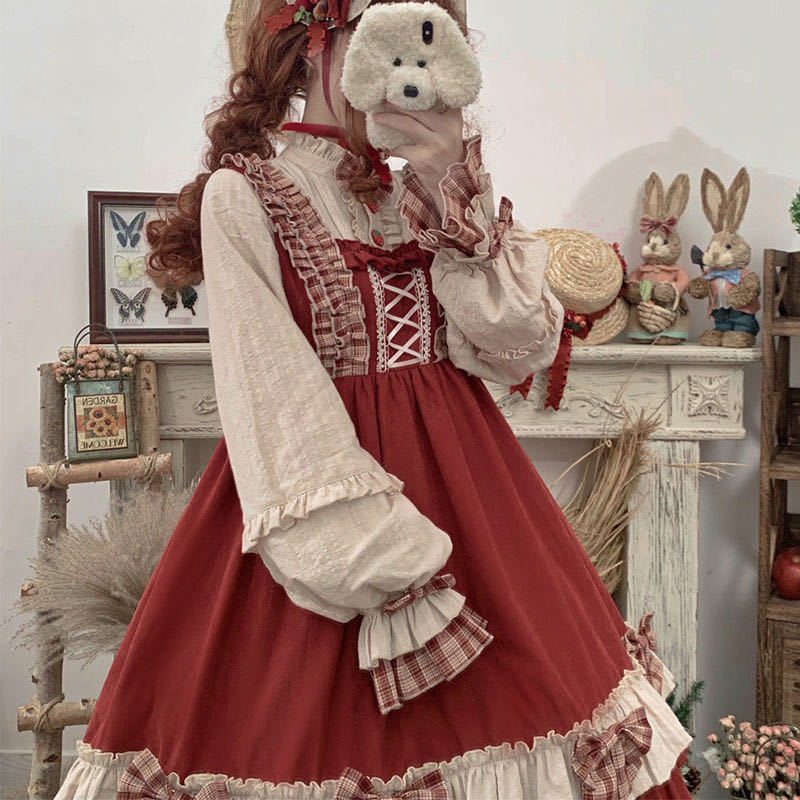 Lolita Dress Berry Girl Op Retro Little Red Riding Hood Cape Long Sleeve Japanese Style Dress Lolita Fairy Dress