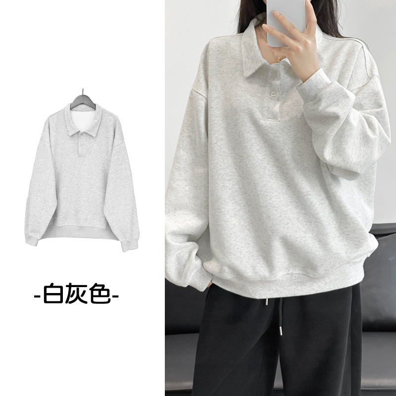 2025春秋新款女潮长袖宽松POLO领上衣棉慵懒风卫衣宽松百搭|undefined