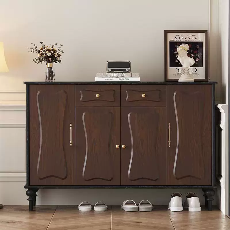 法式黑色实木鞋柜门口大容量玄关门厅复古进门入户古风鞋架一体