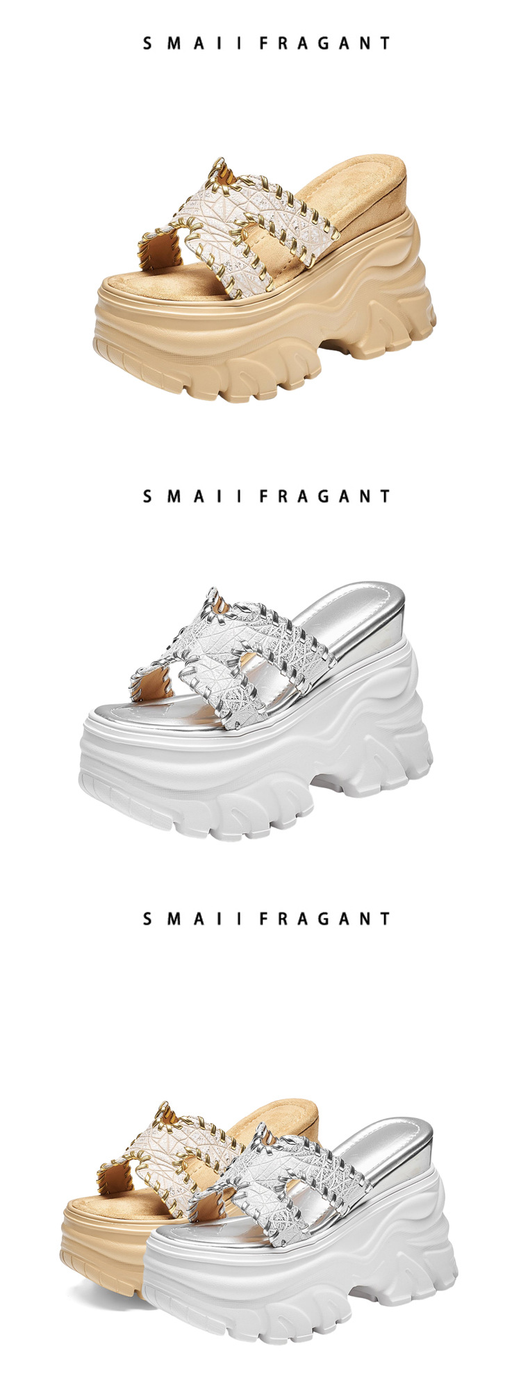 Dép sandal nữ đế dày 12 cm quai chữ H bện da — Trắng bạc chi tiết 6