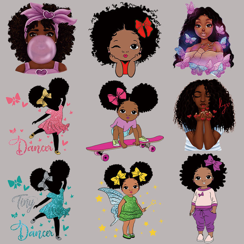 跨境货源卡通女孩烫画图案 衣服印花烫图热转印烫画批发烫印贴画