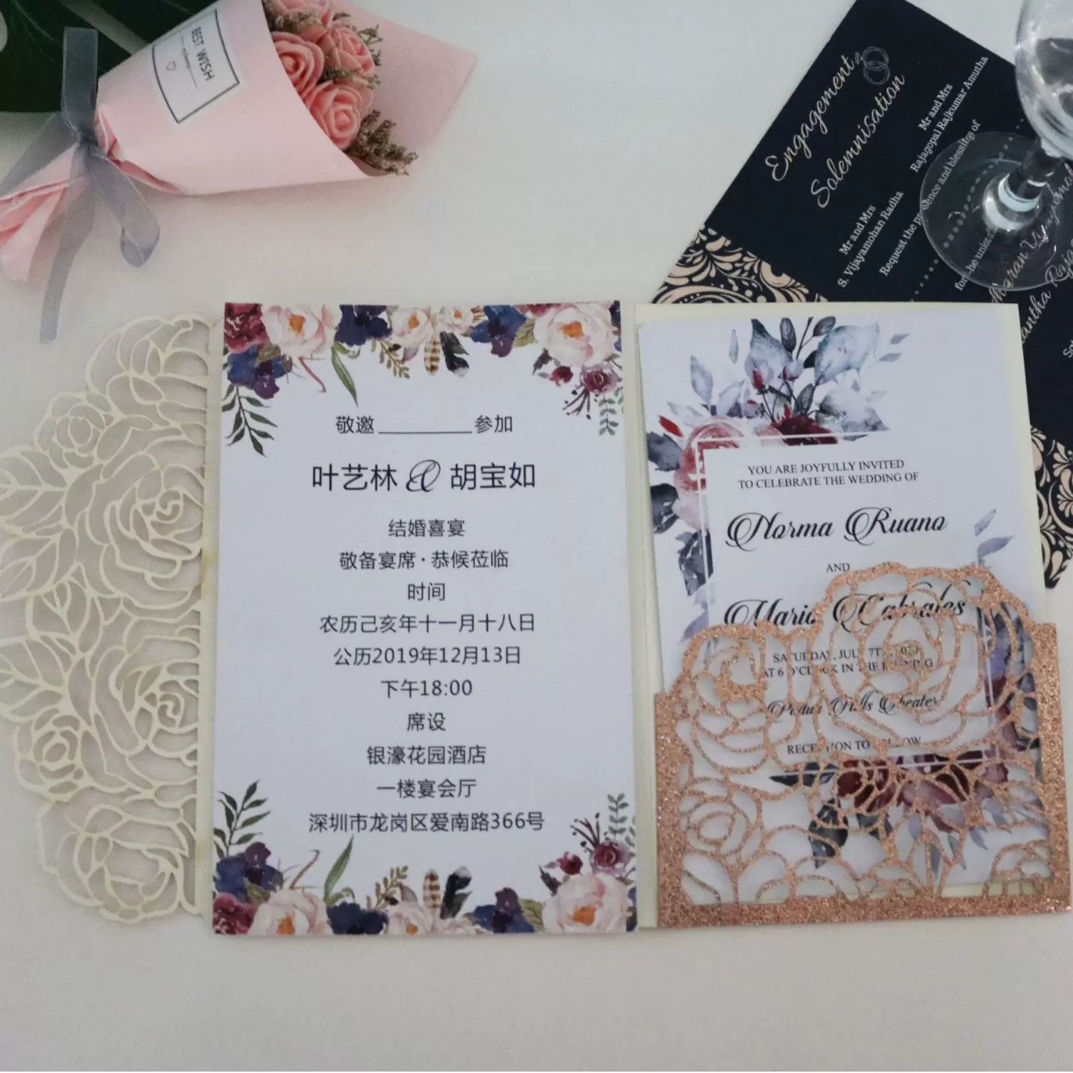 欧式请柬 商务贺卡 激光镂空请柬 撒粉金葱银色 结婚邀请函批发