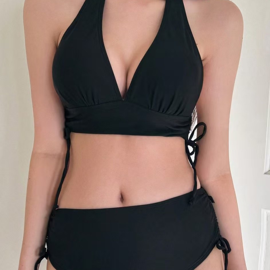 European and American Sexy Beach Holiday Bikini Two-piece Swimsuit Black High Waist Lace-up Seaside Casual Swimsuit