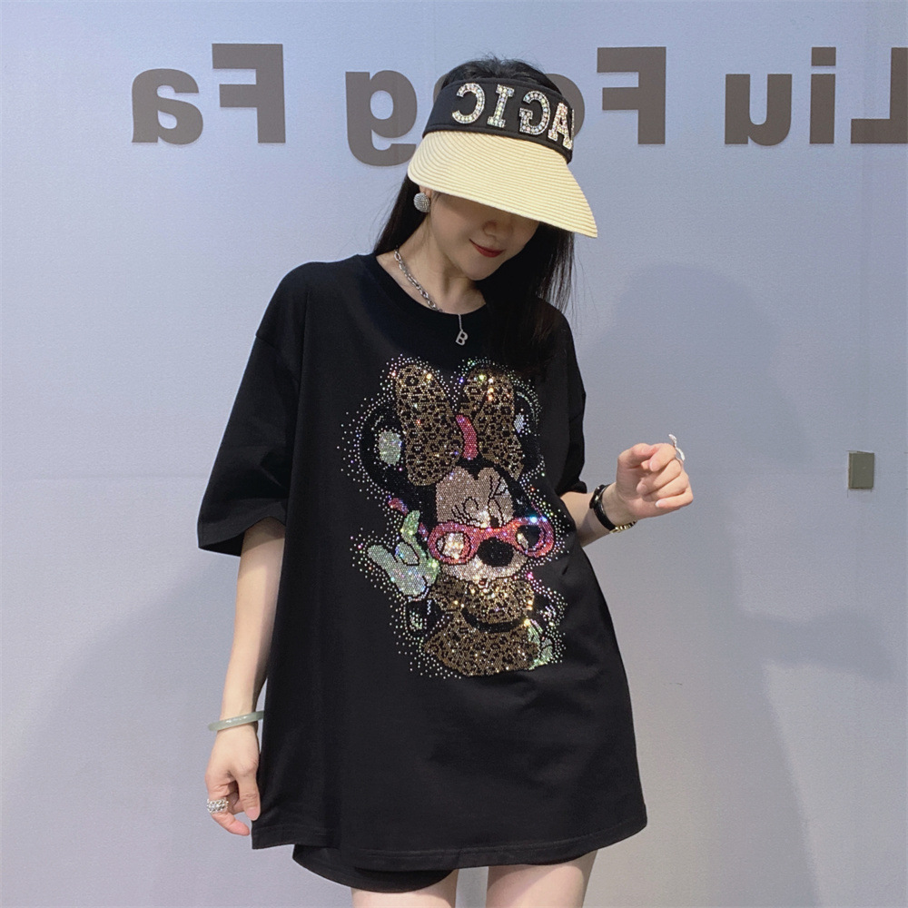 Camiseta de algodón camiseta de manga corta verano industria pesada diamante caliente marca camiseta negra mujer camiseta grande y media camiseta suelta blusa perezosa image 6