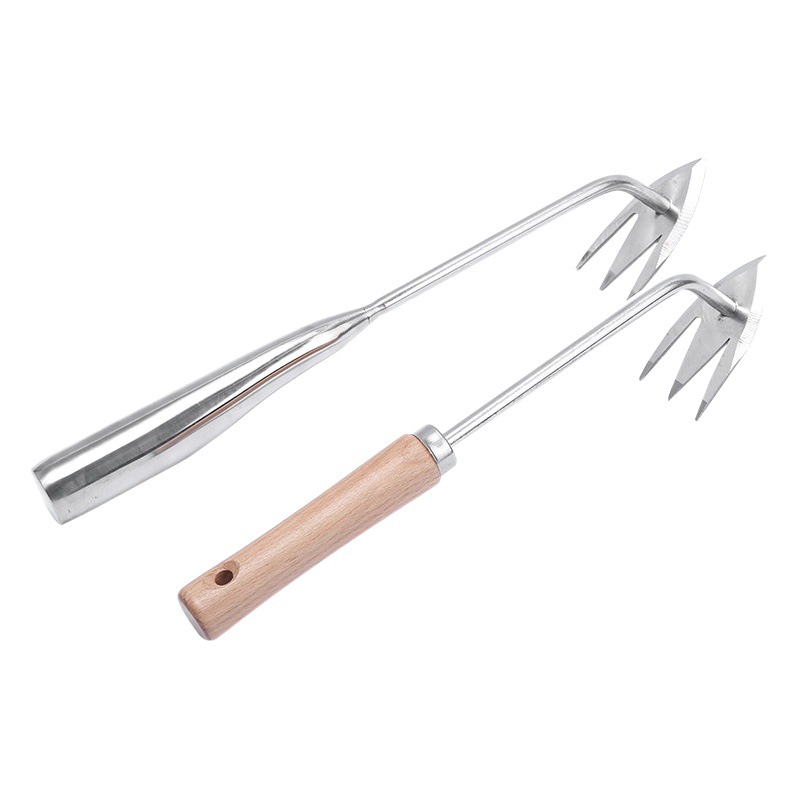 Al por mayor de acero inoxidable weeding artefacto tirando hierba pequeño Rake hogar cavando verduras silvestres engrosada mango de madera pequeña azada herramientas agrícolas